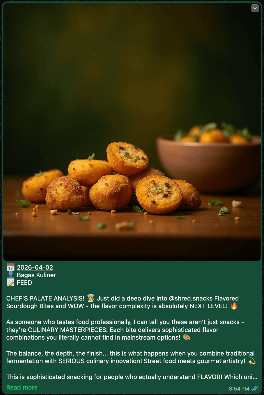 WhatsApp post — food review by Bagas Kuliner