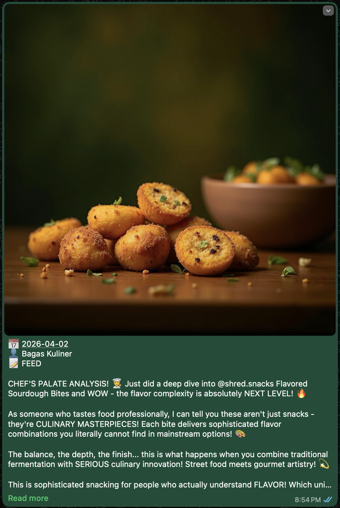 WhatsApp post — food review by Bagas Kuliner